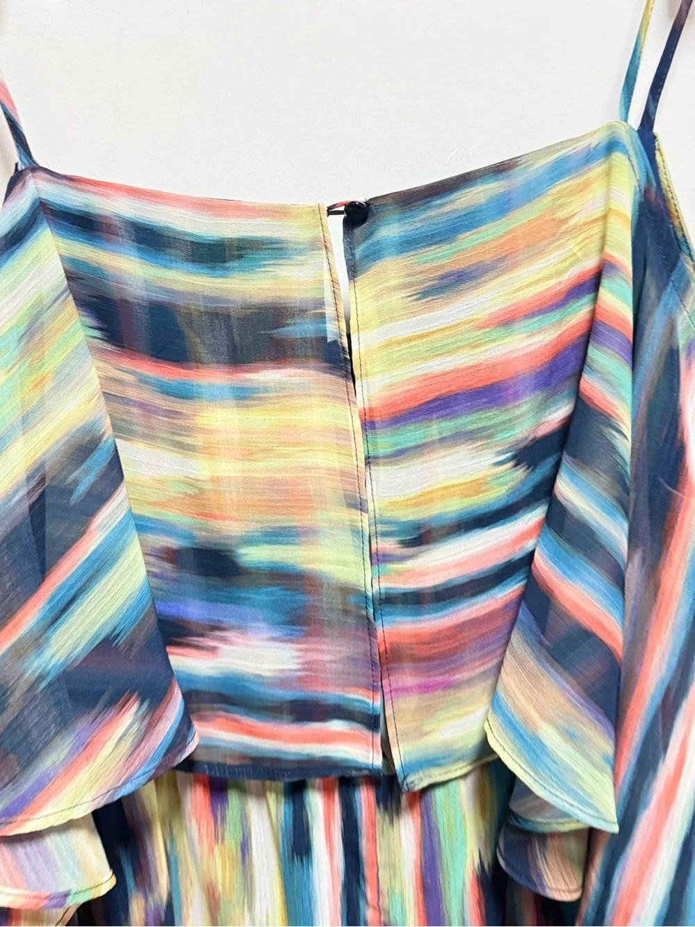 a.n.a Off-Shoulder Watercolor Stripe Asymmetrical Midi Dress - Navy, Teal, Red - Picture 6 of 10